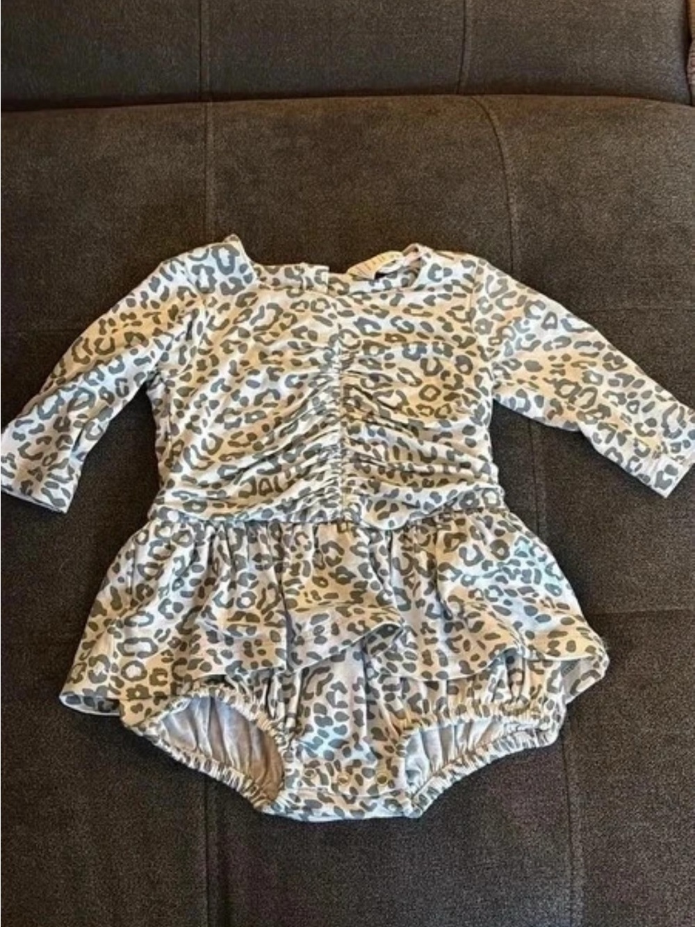 kate quinn Gray and Cream Leopard Ruffle Romper Dress